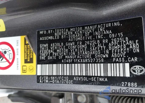 2016 Toyota Camry Le from USA, damaged, VIN 4T4BF1FKXGR527358